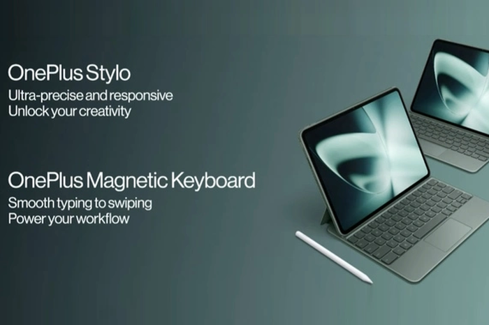 Tampilan OnePlus Pad dengan Magnetic Keyboard dan Stylus.