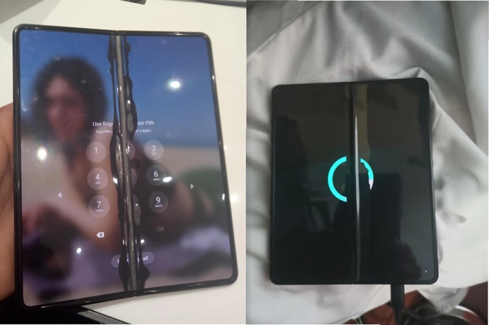 Dua hp Samsung Galaxy Z Fold3 yang dilaporkan mengalami layar retak tanpa sebab. 