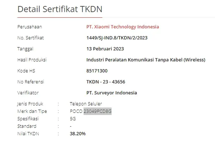 Sertifikasi TKDN Indonesia POCO X5 GT.