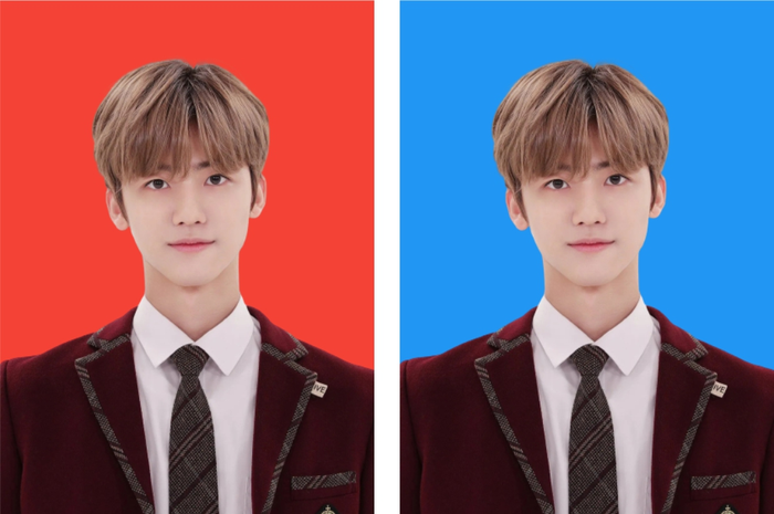 Ilustrasi dan hasil cara edit foto background merah dan background biru untuk SNBP dan SNPMB 2023. 