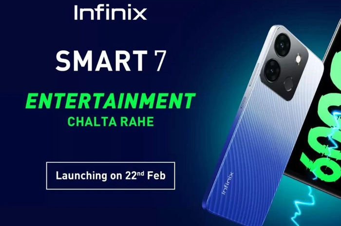 Poster Infinix Smart 7 yang akan meluncur tanggal 22 Februari di India dengan beberapa bocoran spesifikasi dan desain menarik. 