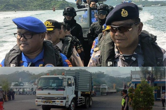 Ilustrasi logistik WSBK Mandalika 2023 (bawah). Direktur Polairud Polda NTB Kombes Pol Kobul S Ritonga (kiri atas) dan Komandan Pangkalan TNI AL (kanan atas) Mataram, Kolonel Laut (P) Djawara Whimbo.
