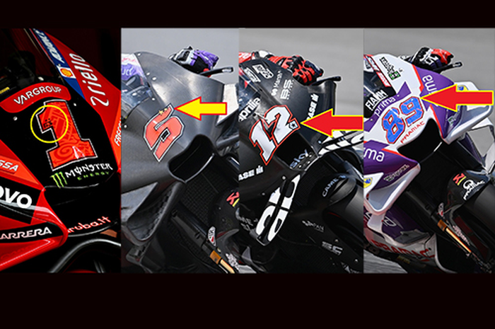Tanda bintang di nomor start motor MotoGP Francesco Bagnaia, Johann Zarco, Maverick Vinales dan Jorge Martin tanda spesial titel juara dunia yang sudah diraih