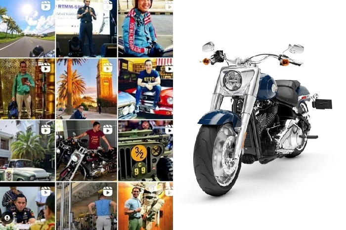Postingan pejabat Bea Cukai Eko Darmanto (kiri) dan Harley-Davidson Fat Boy 2023 (kanan).