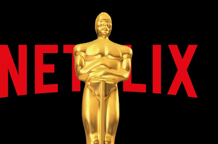 Ilustrasi Piala Oscar dan platform streaming Netflix.