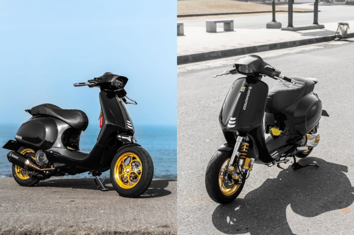 Kece banget, modifikasi motor Vespa Sprint bergaya Racing Look. Setang drophead, kaki-kaki hedon.