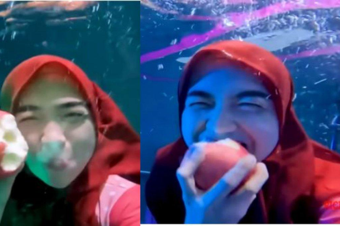 Ria Ricis pamer aksi makan sambil nyelam