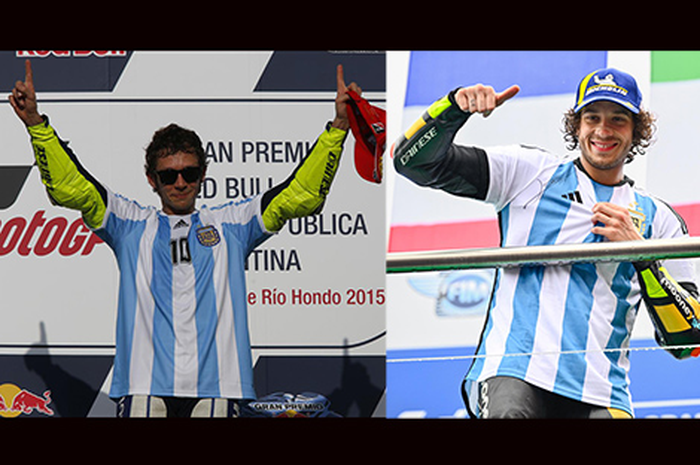Valentino Rossi (kiri) menang MotoGP Argentina 2015 dikait-kaitkan dengan Marco Bezzecchi (kanan) menang MotoGP Argentina 2023, (2/4/2023)