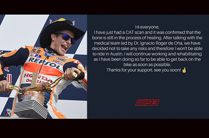 Sherrif COTA Marc Marquez terpaksa absen balapan di MotoGP Amerika 2023 karena cedera ibu jari kanannya belum pulih benar