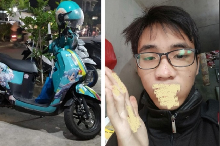 Muhammad Rafli Ramadhan korban penganiayaan debt collector terluka di bibir, motor Yamaha Fazzio korban juga dibawa kabur pelaku, Kamis (13/4/2023) kemarin di Sunter, Jakut.