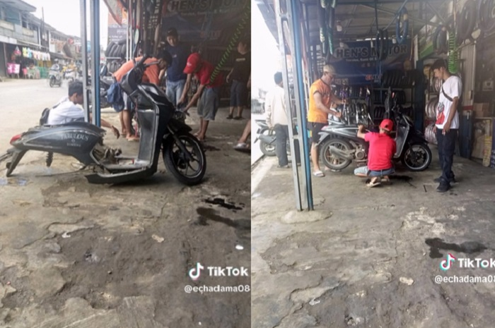Tangkapan layar video TikTok bengkel motor di Sentul disebut penipu.