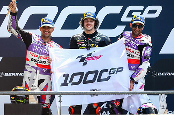 Banyak fakta mengejutkan MotoGP Prancis 2023 di sirkuit Le Mans, selain jadi gelaran ke-1.000 GP sejak 1949 dan Marco Bezzecchi (tengah) pemenangnya