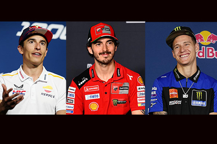 3 pembalap reguler MotoGP 2023 dengan koleksi menang lebih dari 10 kali, Marc Marquez (kiri), Francesco Bagnaia (tengah) dan Fabio Quartararo (kanan)