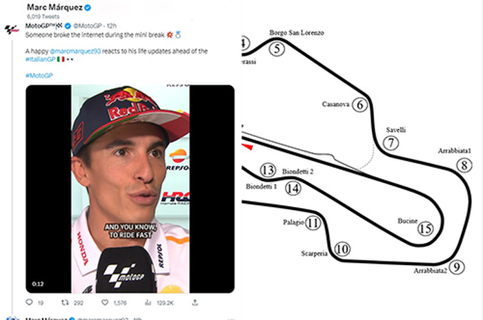 Marc Marquez sebut kata Bucin lagi diunggah di media sosial Twitter-nya (kir), ada Bucine di sirkuit Mugello nama dari tikungan 15 atau tikungan terakhir 