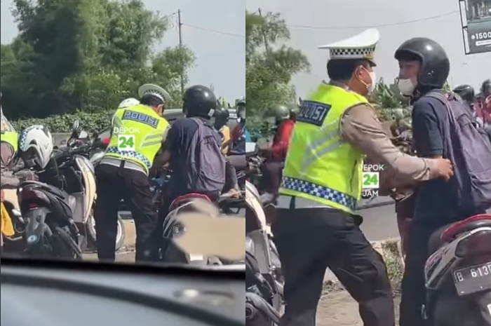 Keributan antara pemotor Yamaha Mio GT dengan polisi di Depok saat Operasi Patuh Jaya 2023.