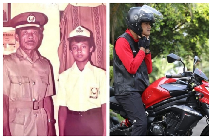 Ganjar Pranowo imut saat foto berseragam SMP bersama ayahnya yang anggota polisi, sangar saat kendarai moge Kawasaki Er-6n.
