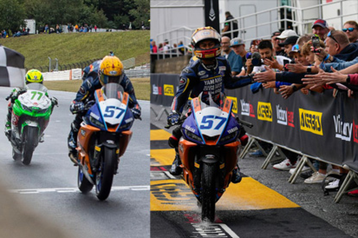Ada yang aneh di motor balap pembalap Indonesia Aldi Satya Mahendra saat menang race 2 WorlSSP300 Rep Ceko 2023, foto kiri wind shield belum pecah, foto kanan sudah pecah