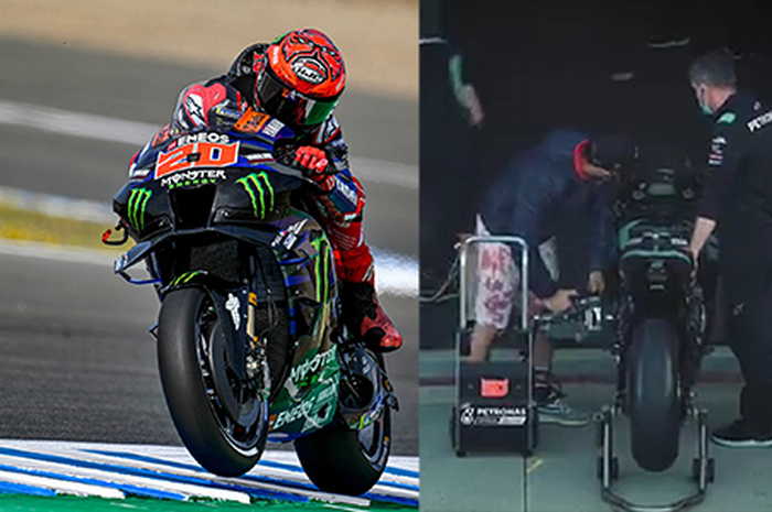 Buka motor murah harga tembus puluhan Miliar, motor MotoGP tak ada starter elekrtrik. Fabio Quartararo tunjukkan cara starter motor MotoGP (kanan)