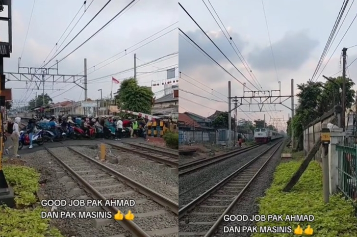 Aksi para pemotor terobos palang pintu di Jakarta Timur bikin kereta ngalah berhenti.