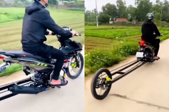 Bikin melongo, modifikasi motor dipasang swing arm super panjang. Bikin netizen ngakak.