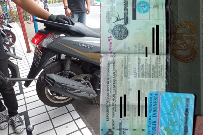 Ilustrasi motor uji emisi (kiri) dan dokumen STNK, BPKB dan KTP untuk bayar pajak kendaraan (kanan).