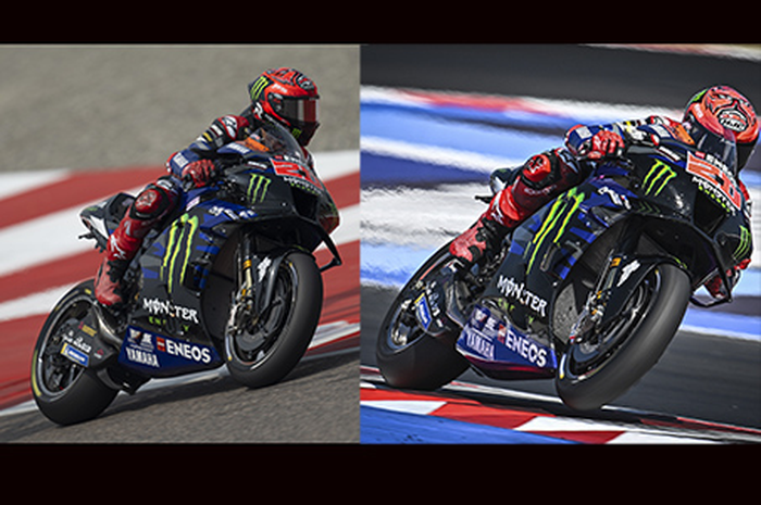 Fabio Quartararo dengan motor Yamaha M1 pakai 'Sendok' (kiri) dan yang belum pakai perangkat di bagian swing arm sebelumnya (kanan). Langsung lolos Q2 MotoGP India 