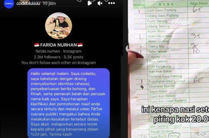Codeblu tak terima didoxing Farida Nurhan imbas review Warung Makan Nyak Kopsah Bang Madun. 