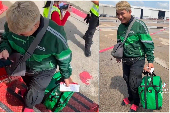 Pria ini nampak memakai jaket ala ojol dan naik pesawat menuju Singapura dari Thailand.  