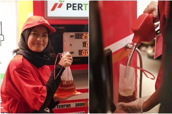 Bikin ngakak warga antri di depan pom bensin mini bukan isi Pertalite tapi beli es teh manis.
