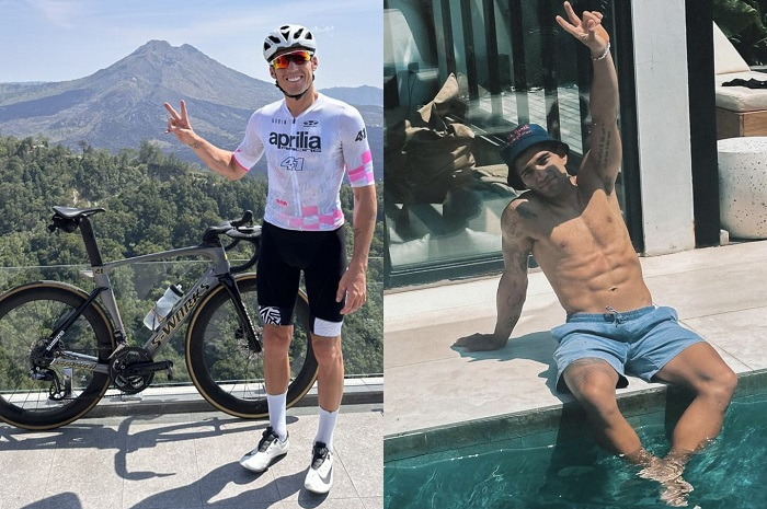 Aleix Espargaro (kiri) dan Jorge Martin (kanan) liburan ke Bali jelang MotoGP Malaysia 2023.