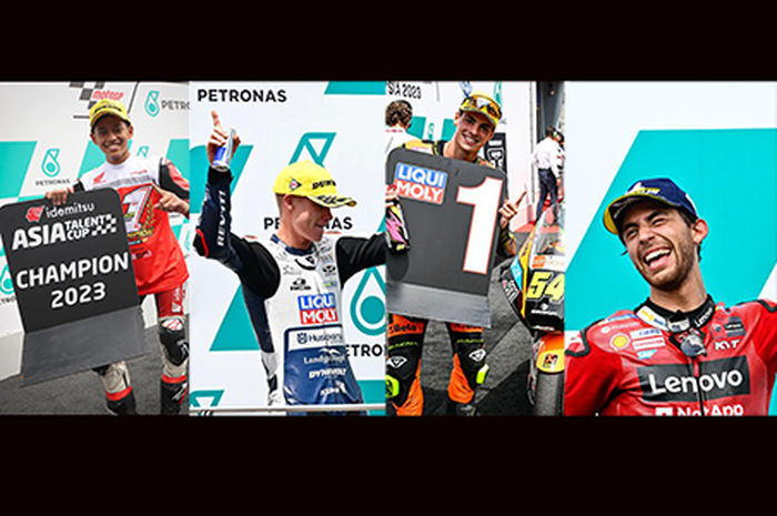 Veda Ega Pratama (kiri) jadi pembuka botol hebohnya MotoGP Malaysia 2023, Colin Viejer (kedua dari kiri), Fermin Aldeguer (ketiga kiri) dan Enea Bastianini (kanan) ada 4 lagu kebangsaan berkumandang
