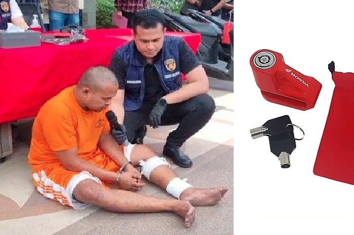 Aziz, maling motor asal Madura diamankan di Mapolres Gresik (kiri), ilustrasi kunci gembok motor Honda (kanan).