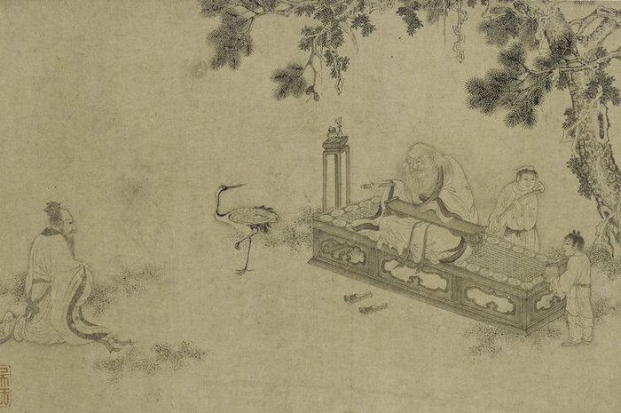 Lukisan yang menggambarkan Lao Tzu mengantarkan Tao Te Ching. Lukisan dibuat oleh Li Gonglin sekitar 1049-1106 atau di masa Dinasti Ming, abad ke-16