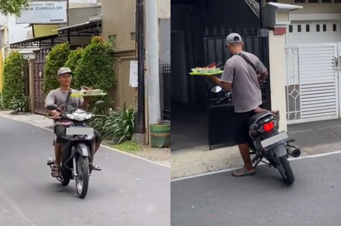 Skill penjual mi ayam bawa pesanan sambil naik motor viral di TikTok