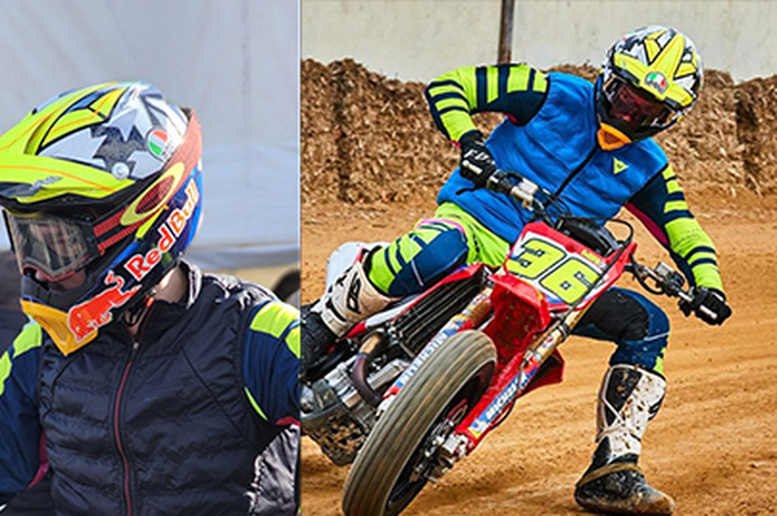 Helm Joan Mir ada sponsor minuman energi dari Austria (kiri) dan helm Joan Mir (kanan) saat latihan flat track beberapa waktu lalu logo minuman energi dari Austria ditutupi lakban