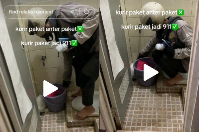Aksi kurir paket membantu pelanggan ambil kucing tantrum di kamar mandi kos-kosan.