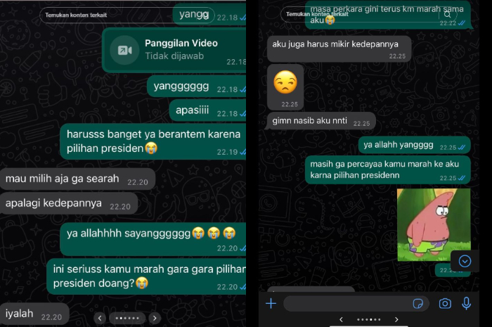 Curhatan pria beranten dengan kekasih karena perbedaan pilihan capres (calon presiden)