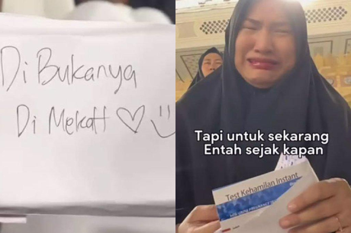 Wanita menangis terisak saat membuka hadiah dari sahabatnya ketika berada di Makkah.