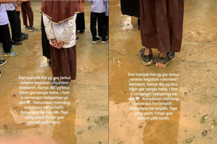 Seorang siswi SD semangat sekolah meski memakai sepatu jebol.