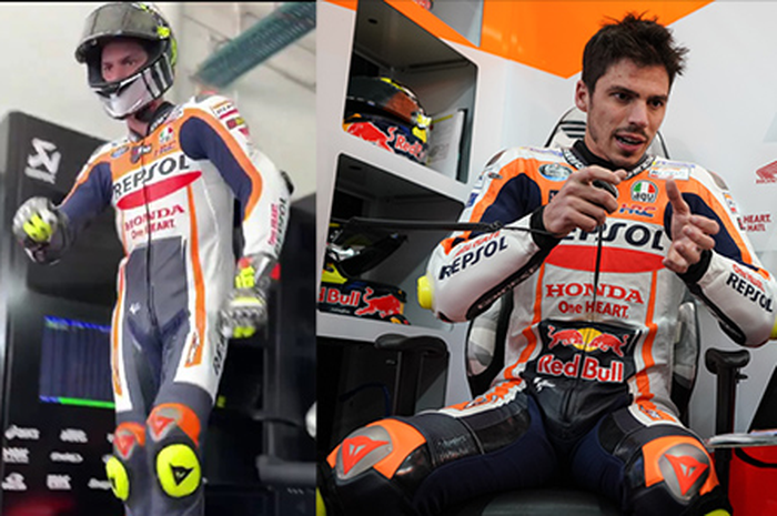 Baju balap dan helm Joan Mir polos tanpa logo Red Bull di tes shakedown MotoGP 2024 Sepang (kiri), helm dan baju balap Joan Mir saat ada logo Red Bull di MotoGP Valencia 2023 lalu