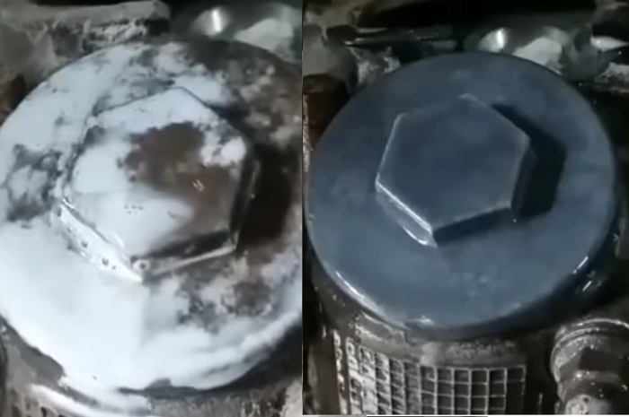Kiri air aki yang mampu mengangkat kotoran. Kanan setelah kotoran terangkat