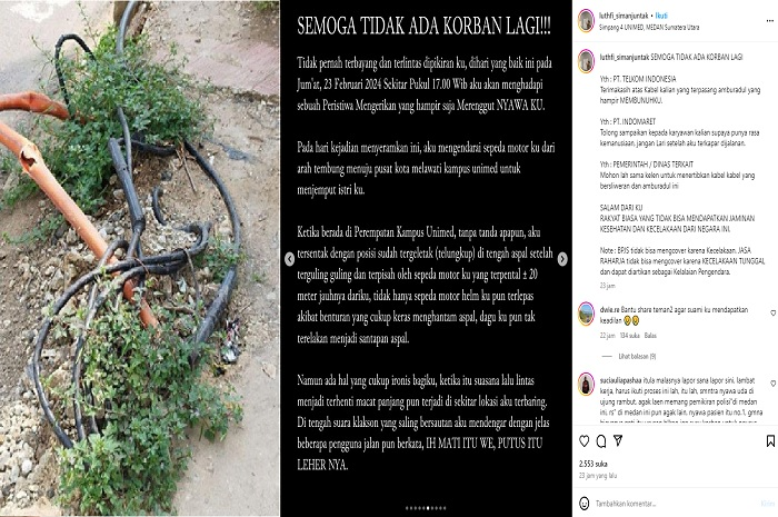 Foto ilustrasi kabel (kiri) dan postingan pemotor yang lehernya terjerat kabel hingga curhat di media sosial.