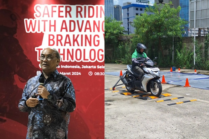 Ketua KNKT Soerjanto Tjahjono (kiri) dan simulasi motor rem ABS melewati jalan rusak (kanan),