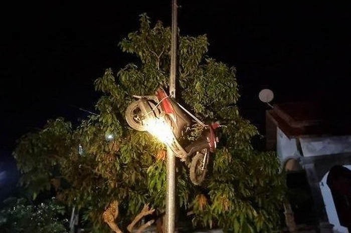 Motor Yamaha Mio tersangkut di tiang listrik.
