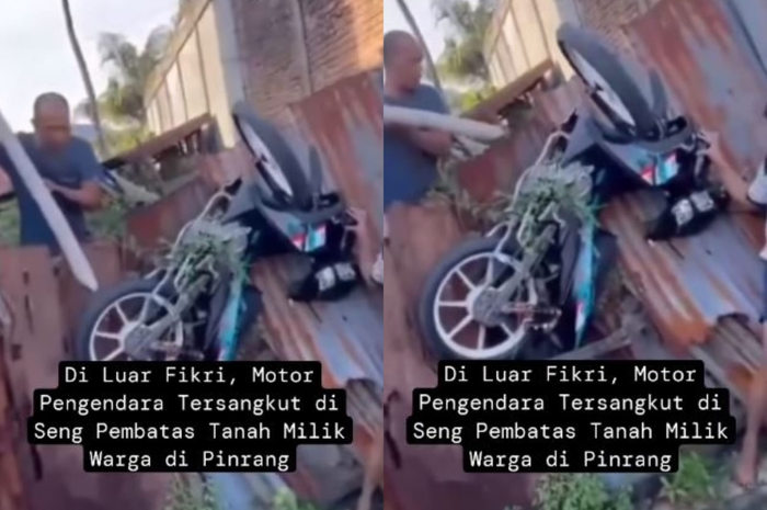 Motor bebek terbang dan tersangkut di pagar seng bikin keheranan warga.