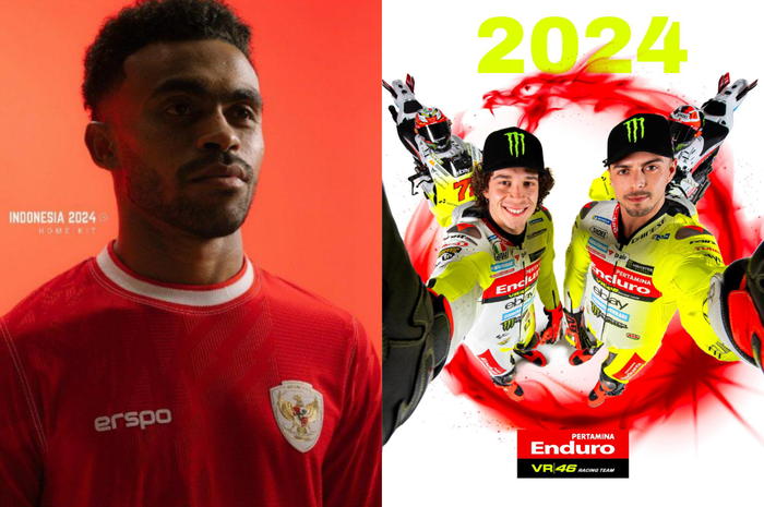 Jersey timnas Indonesia buatan Erspo (kiri) dan tim balap Valentino Rossi, Pertamina Enduro VR46 Racing Team (kanan). 