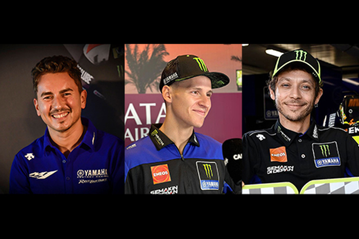 Fabio Quartararo (tengah) tetap jadi pembalap Yamaha pabrikan hingga MotoGP 2026, jadi si paling bertahan mengikuti Jorge Lorenzo (kiri) dan Valentino Rossi (kanan)