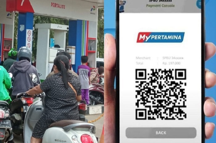 Ilustrasi beli BBM Pertalite di SPBU Pertamina (kiri) dan QR Code aplikasi MyPertamina (kanan).