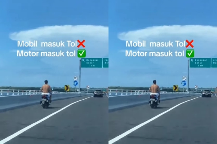 Momen bule masuk tol Bali Mandara di jalur mobil naik Honda PCX 160 tanpa helm.