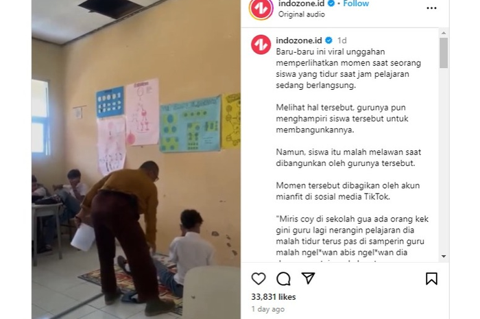 Aksi seorang siswa SMAN 1 Sukamakmur tertidur lalu melawan saat dibangunkan oleh sang guru. 